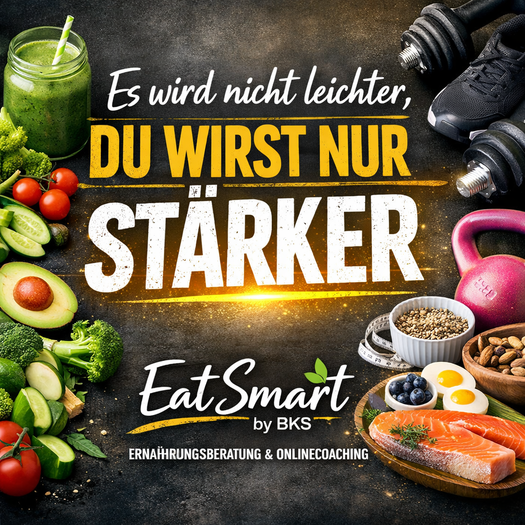 Gesund leben im Alltag Text mit motivierendem Spruch, gesunde Lebensmittel und Fitnessgeräte im Hintergrund.