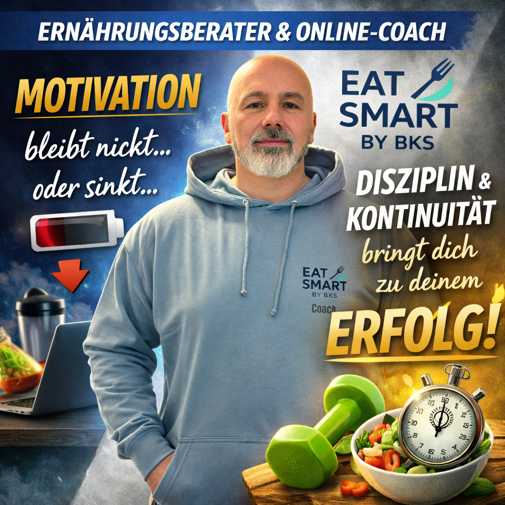 Online Coaching Ernährungsberater mit Fitnessgeräten, motivierender Slogan und Logo von Eat Smart.